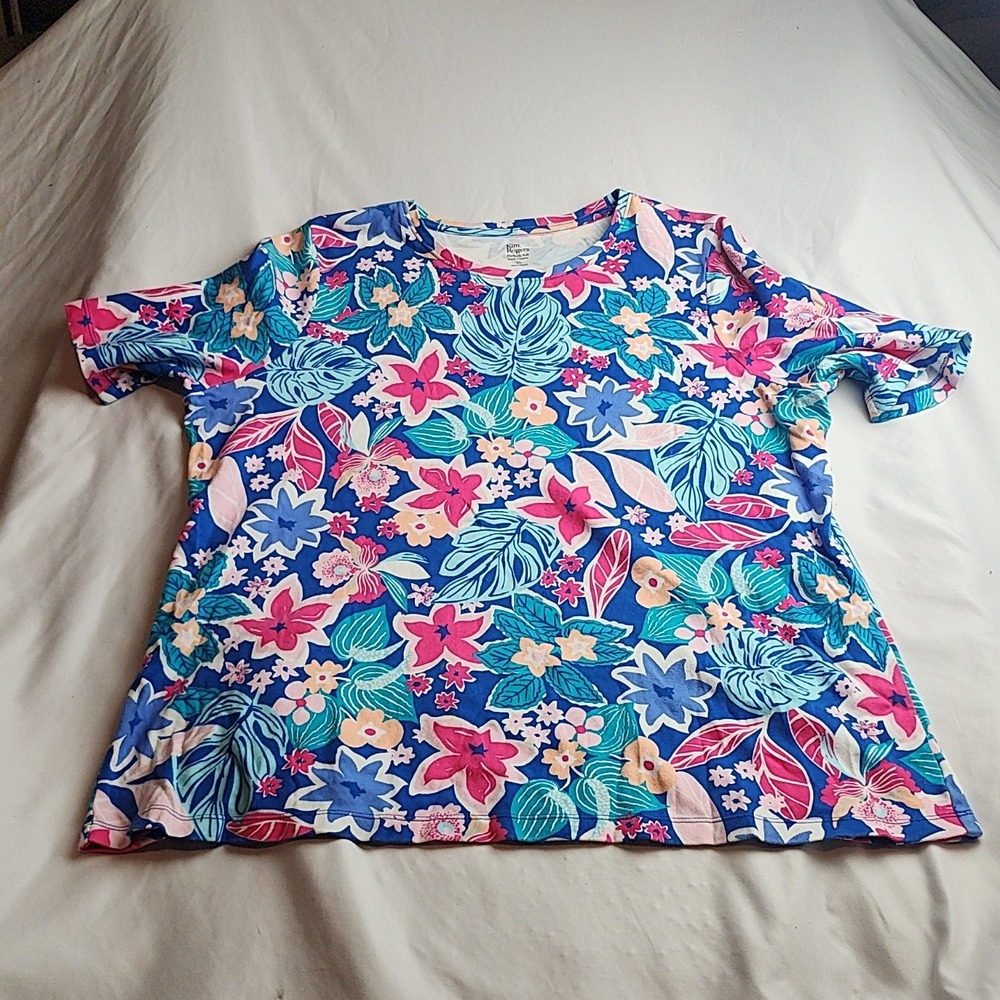 Kim Rogers Tropical Floral T-Shirt Blue Women's Size Extra Large